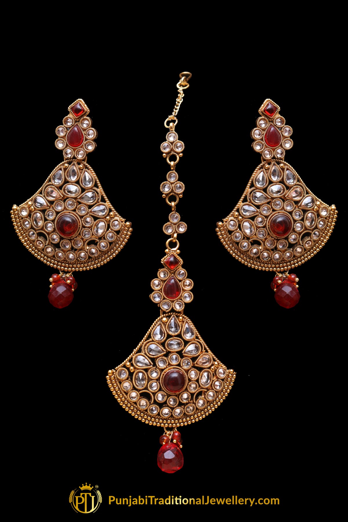 Red Polki Earring Tikka Set By Punjabi Traditional Jewellery