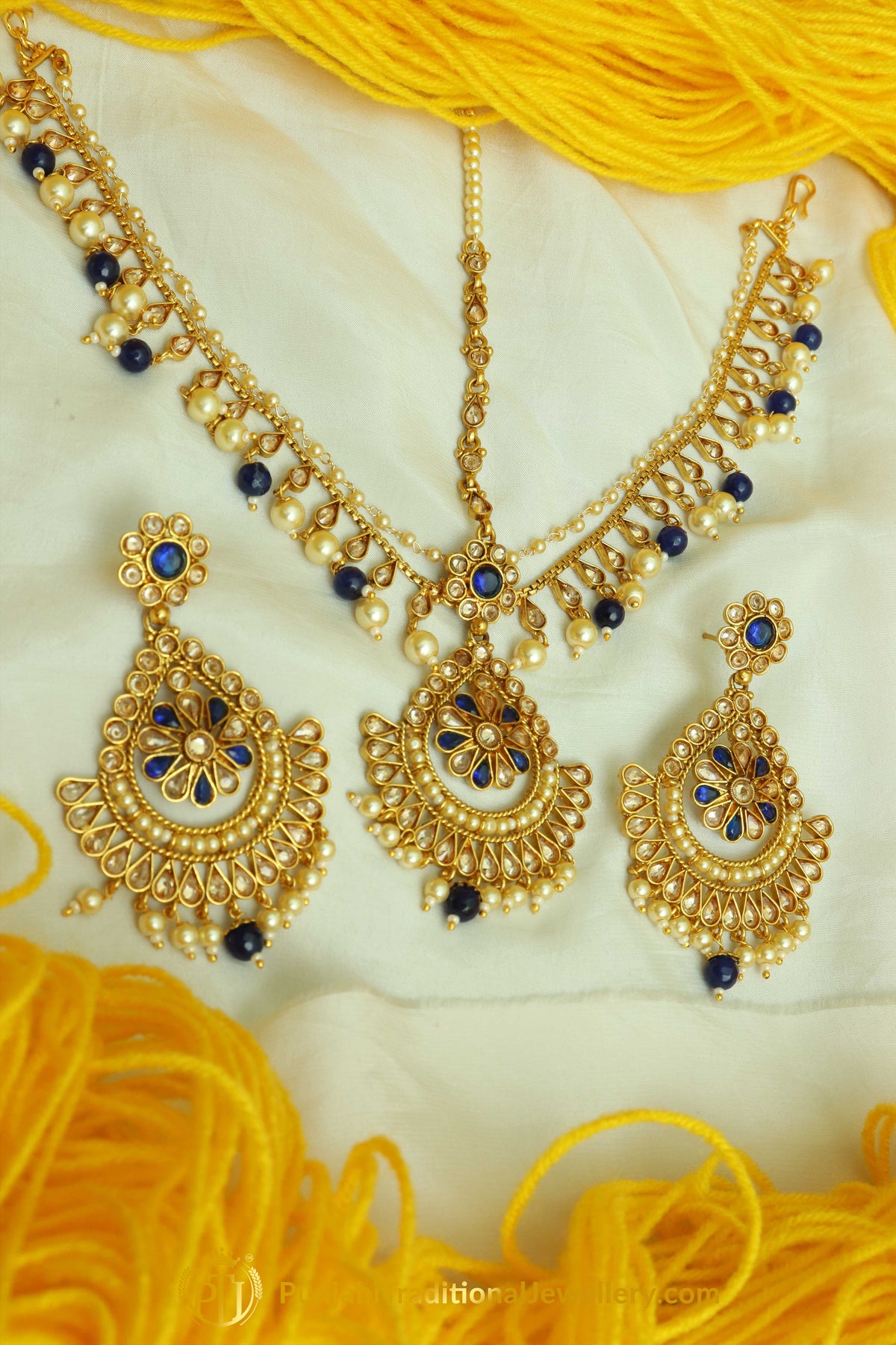 Blue Polki Matha Patti Earrings By Punjabi Traditional Jewellery