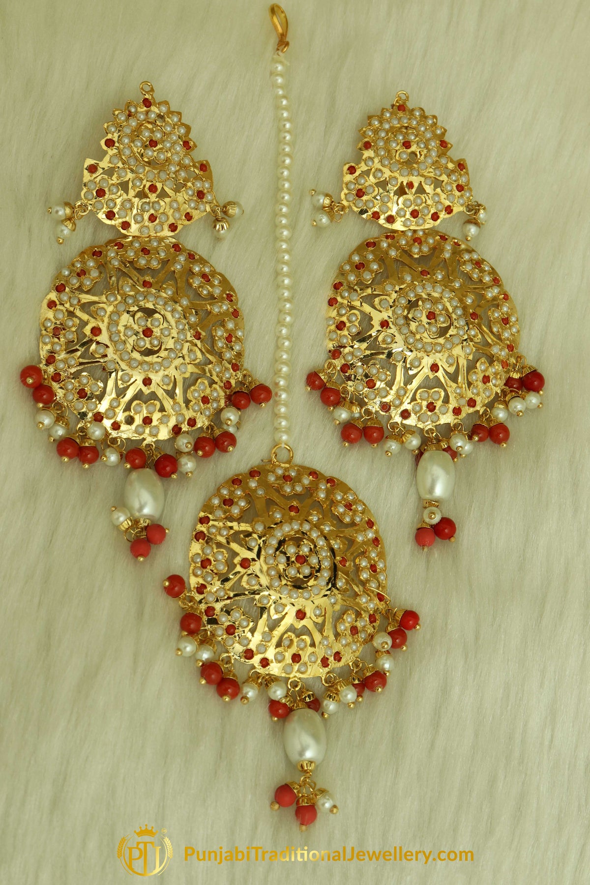Gold Finished Rubby Jadau Earring Tikka Set By Punjabi Traditional Jewellery