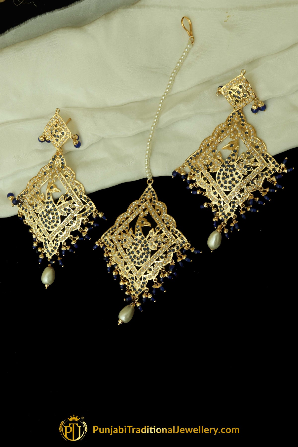 Blue Jadau Pearl Earring Tikka Set By Punjabi Traditional Jewellery