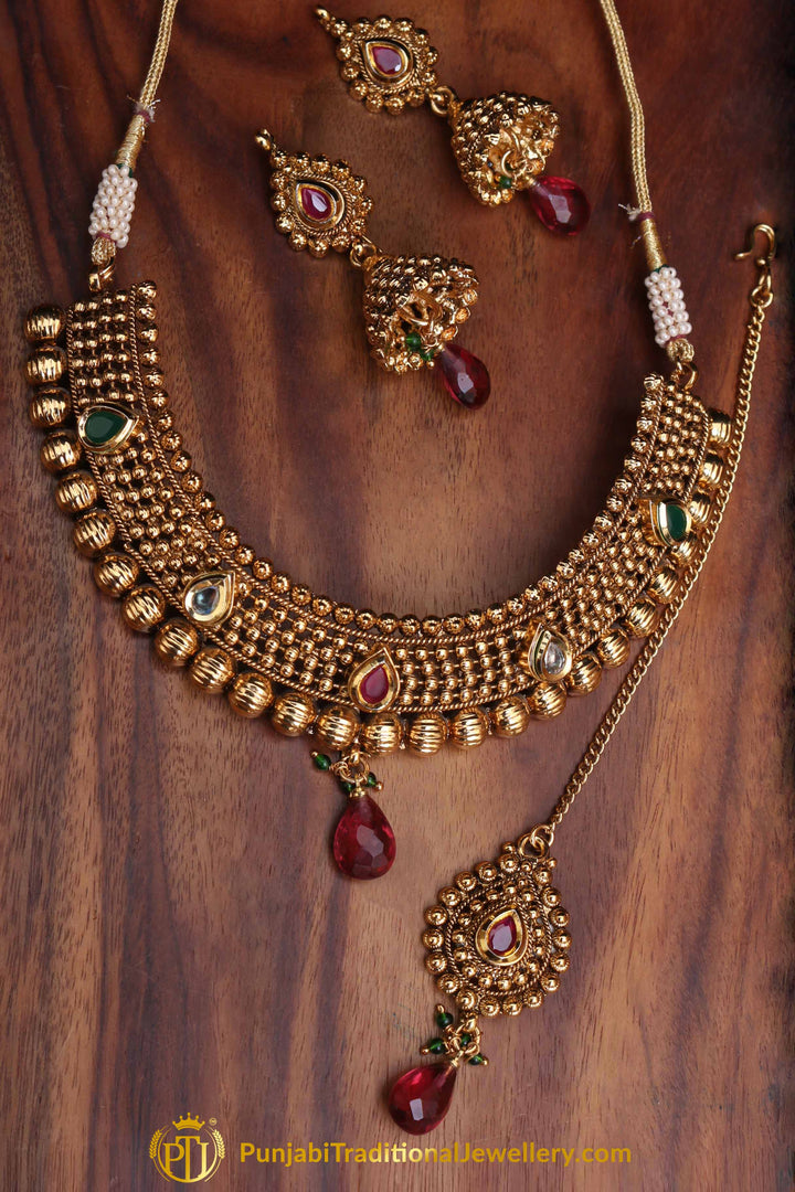 Noor Maroon & Green Antique Gold Polki Necklace Set By Punjabi Traditional Jewellery