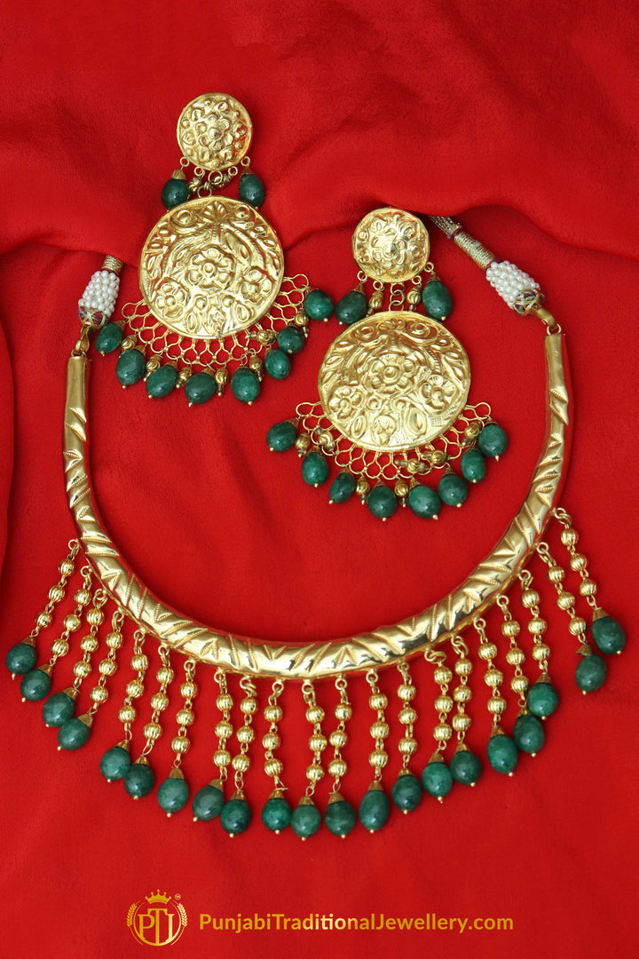 Tehzeeb Gold Finished Emerald Hasli Necklace & Earrings | Punjabi Traditional Jewellery Exclusive