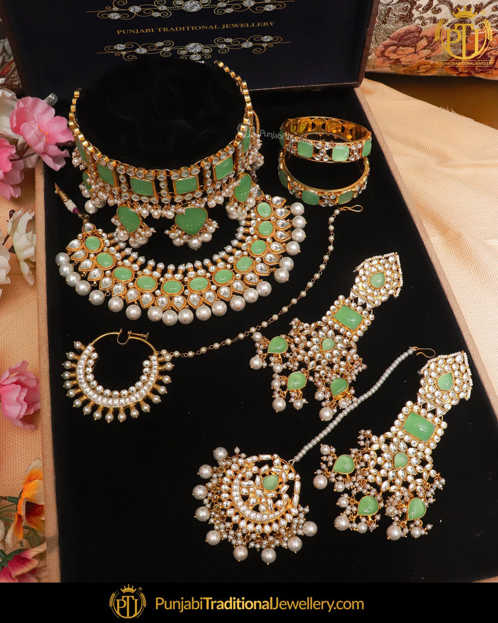 Gold Finished Kundan New Jade Choker Bridal Necklace Set & Openable Pair Bangle Set (Both Hand Pair) With  Nath | Punjabi Traditional Jewellery Exclusive