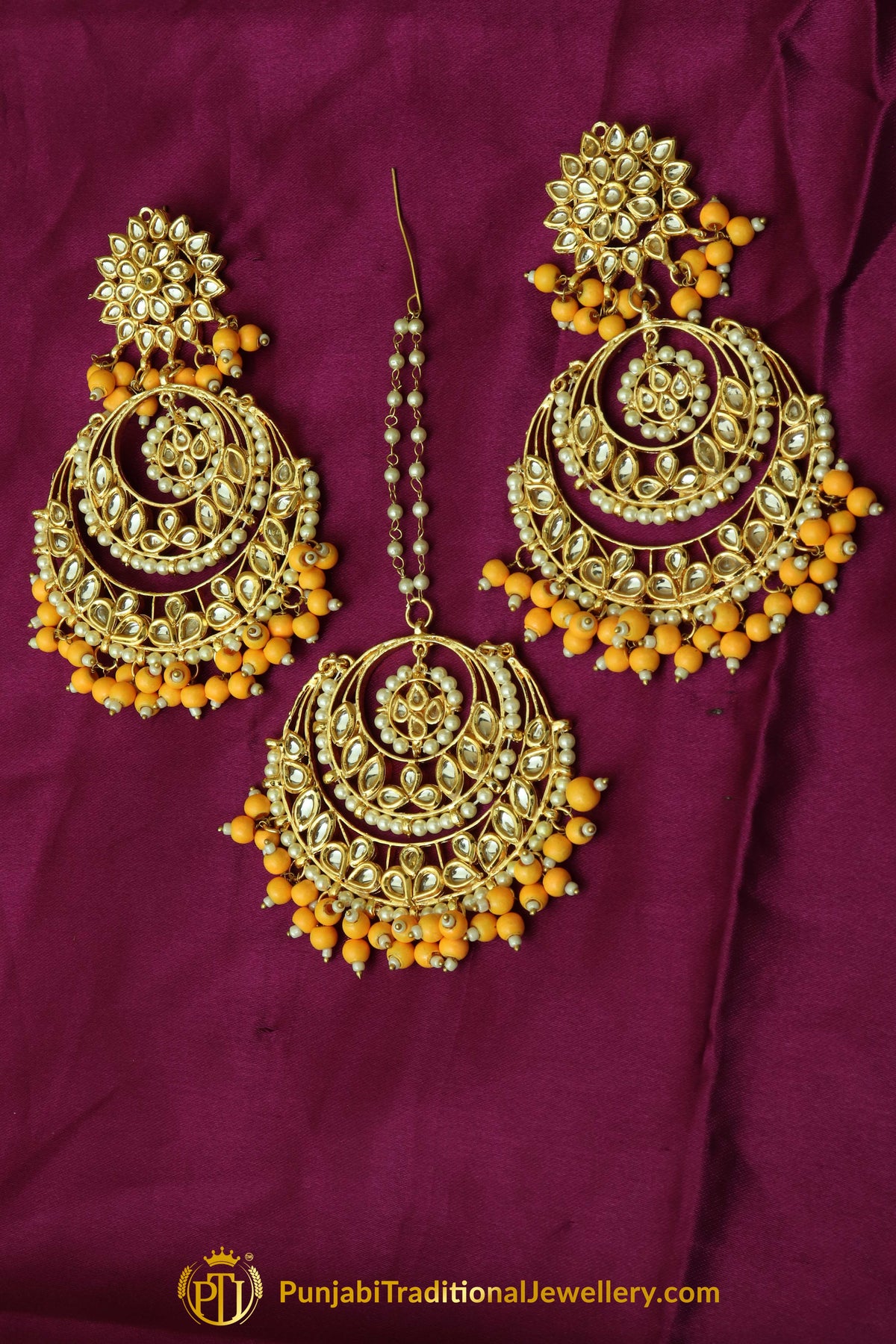 Orange Kundan Earring Tikka Set By Punjabi Traditional Jewellery