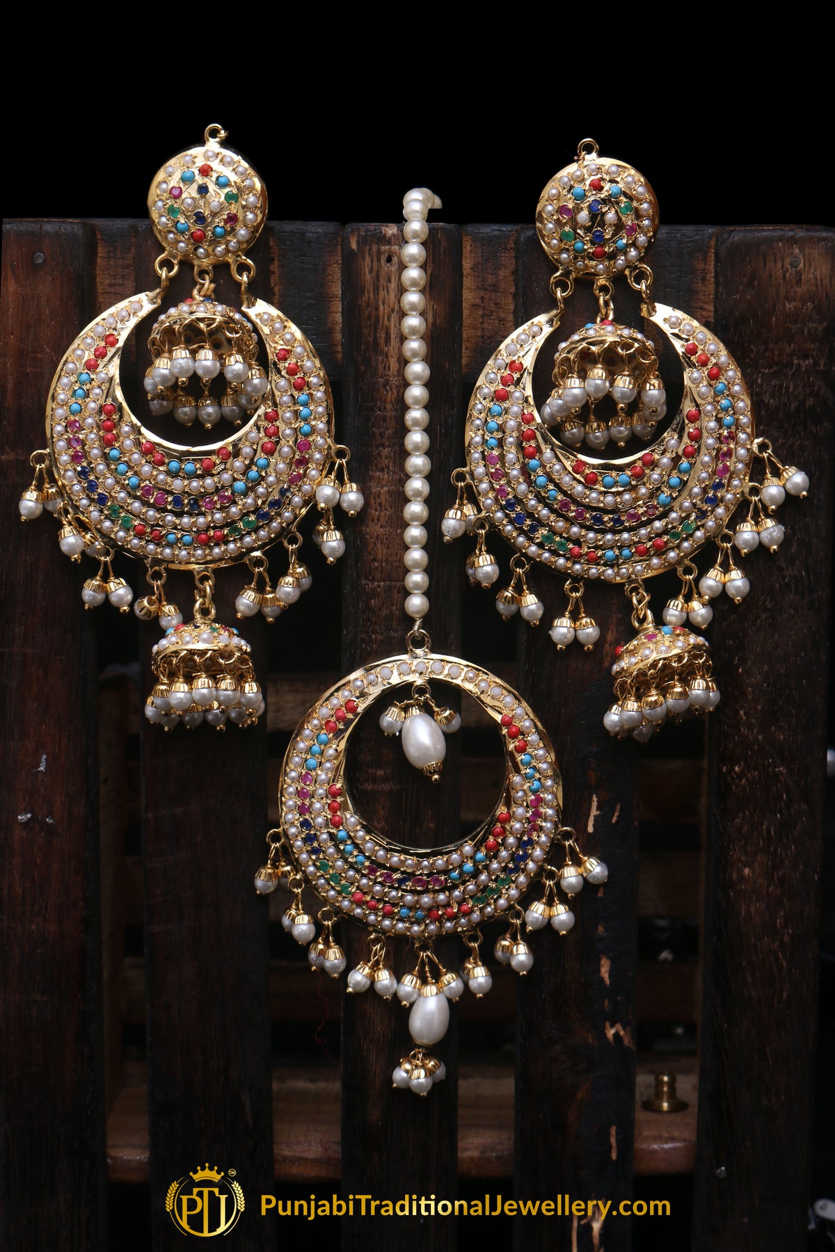Multi Jadau Pearl Earring Tikka Set By Punjabi Traditional Jewellery