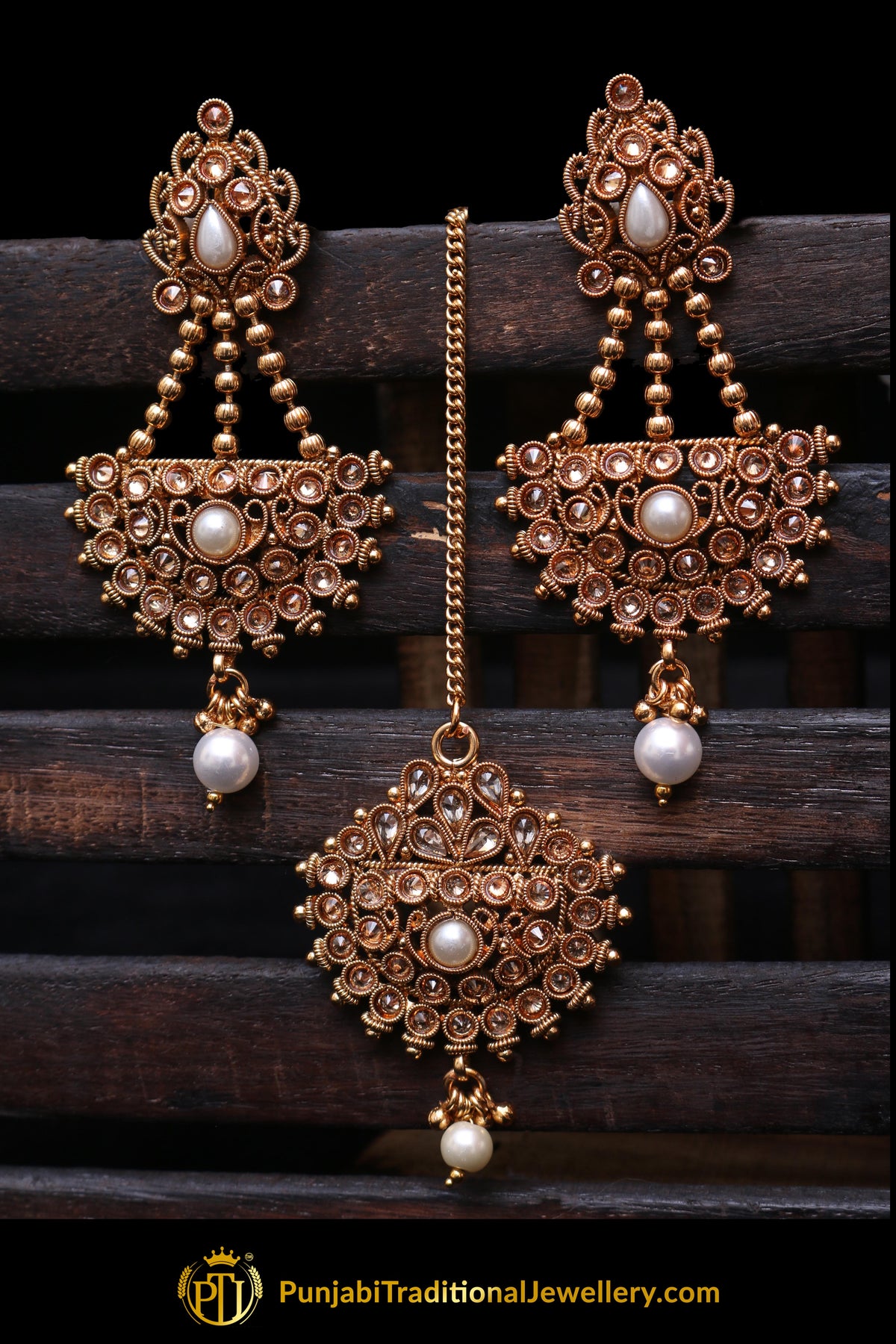 Champagne Stone Earring Tikka Set By Punjabi Traditional Jewellery