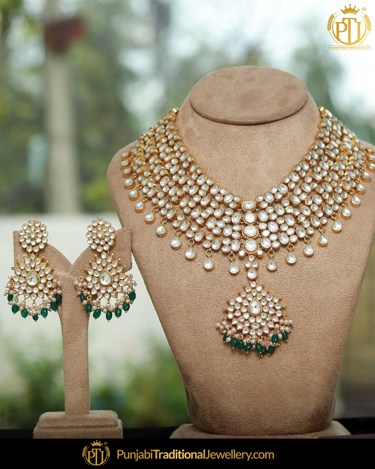 Gold Finished Emerald Kundan Pearl Necklace Set | Punjabi Traditional Jewellery Exclusive