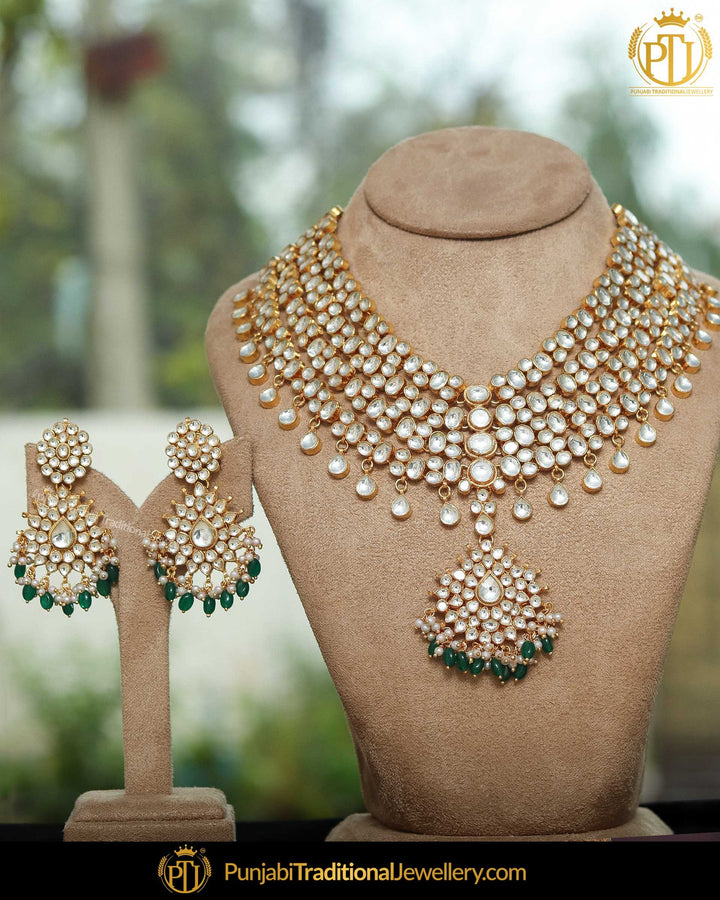 Gold Finished Emerald Kundan Pearl Necklace Set | Punjabi Traditional Jewellery Exclusive
