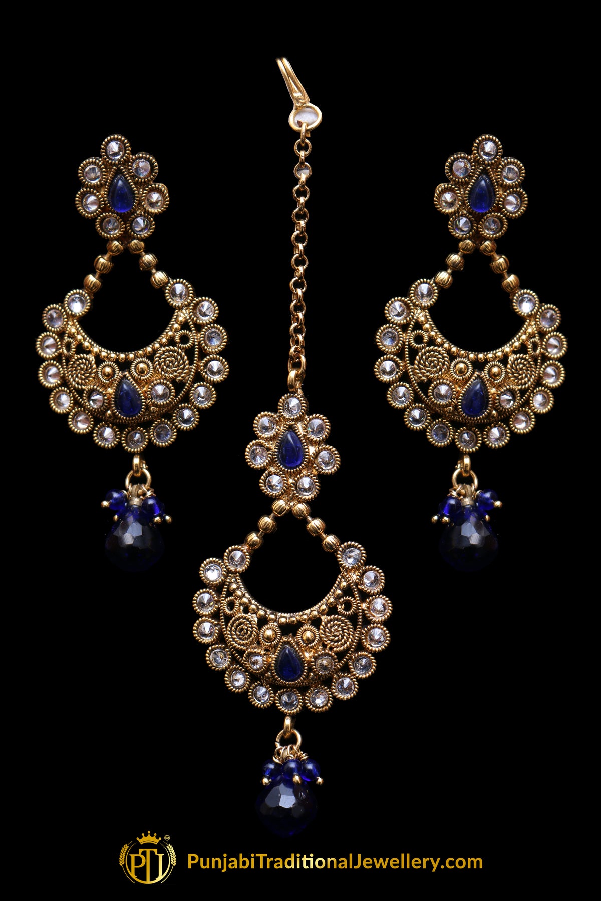 Blue Polki Earrings Tikka Set By Punjabi Traditional Jewellery