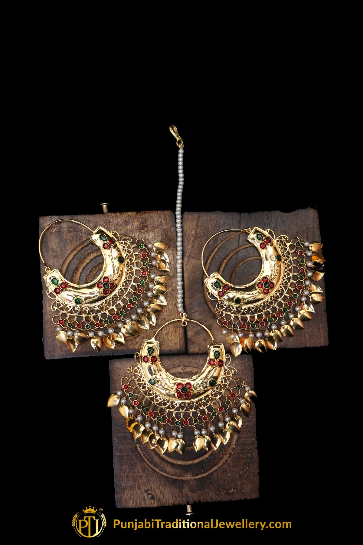 Red Green Pippal Patti Earring Tikka Set By Punjabi Traditional Jewellery