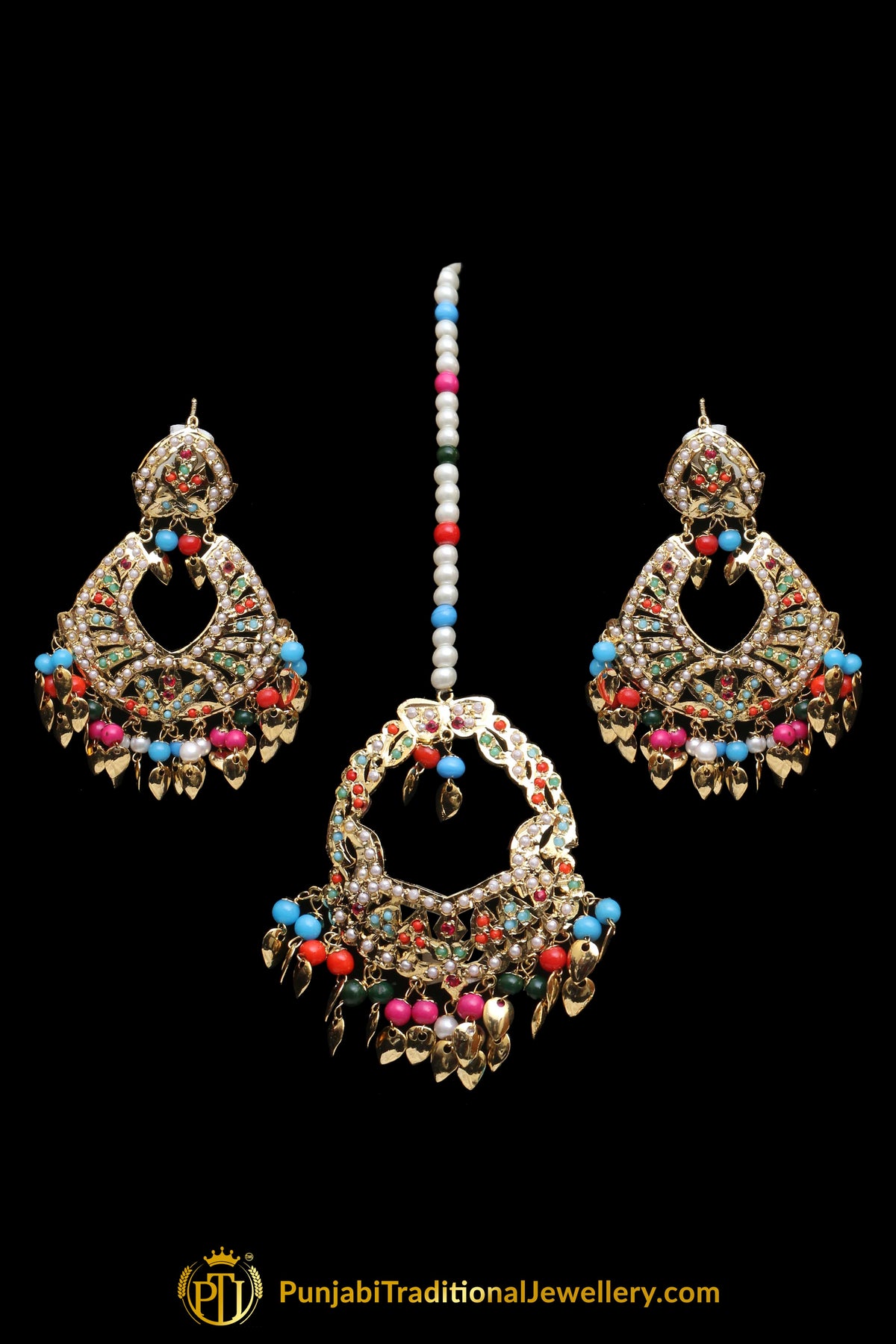 Multi Jadau Pippal Patti Necklace Set By Punjabi Traditional Jewellery