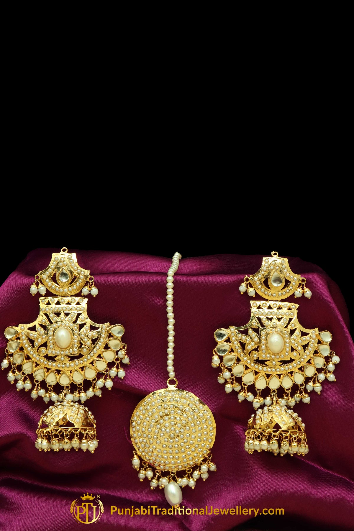 Golden  Jadau & Kundan Earrings Tikka Set By Punjabi Traditional Jewellery