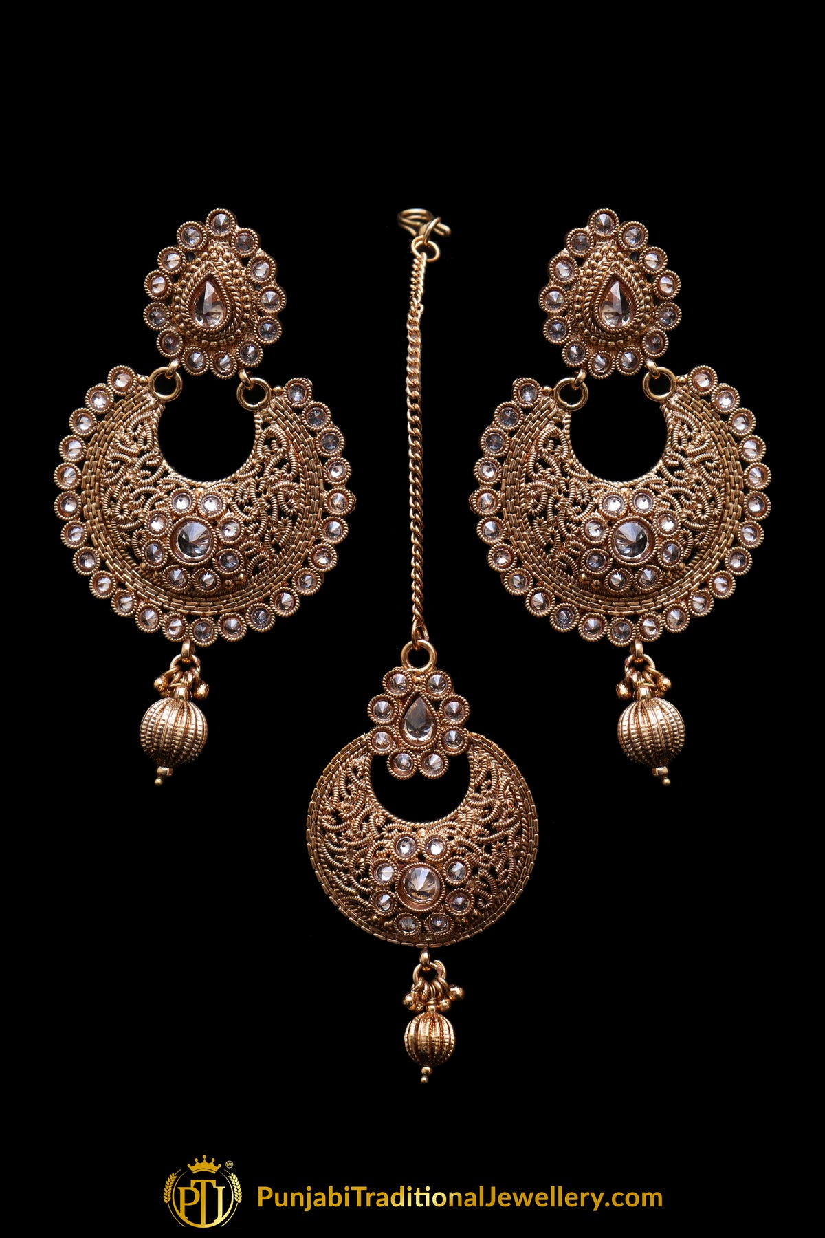 Antique Gold Polki Earring Tikka Set By Punjabi Traditional Jewellery