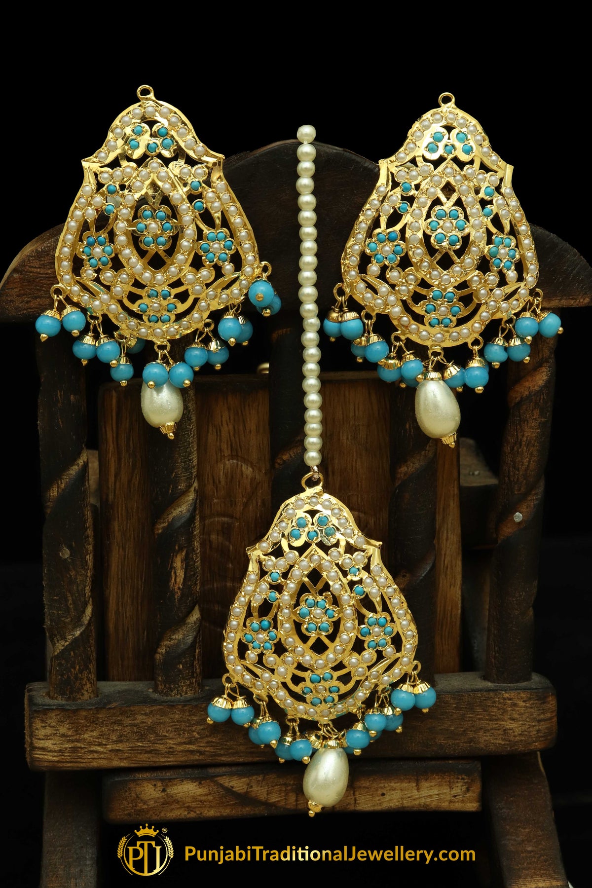 Gold Finished Firozi Jadau Earring Tikka Set By Punjabi Traditional Jewellery