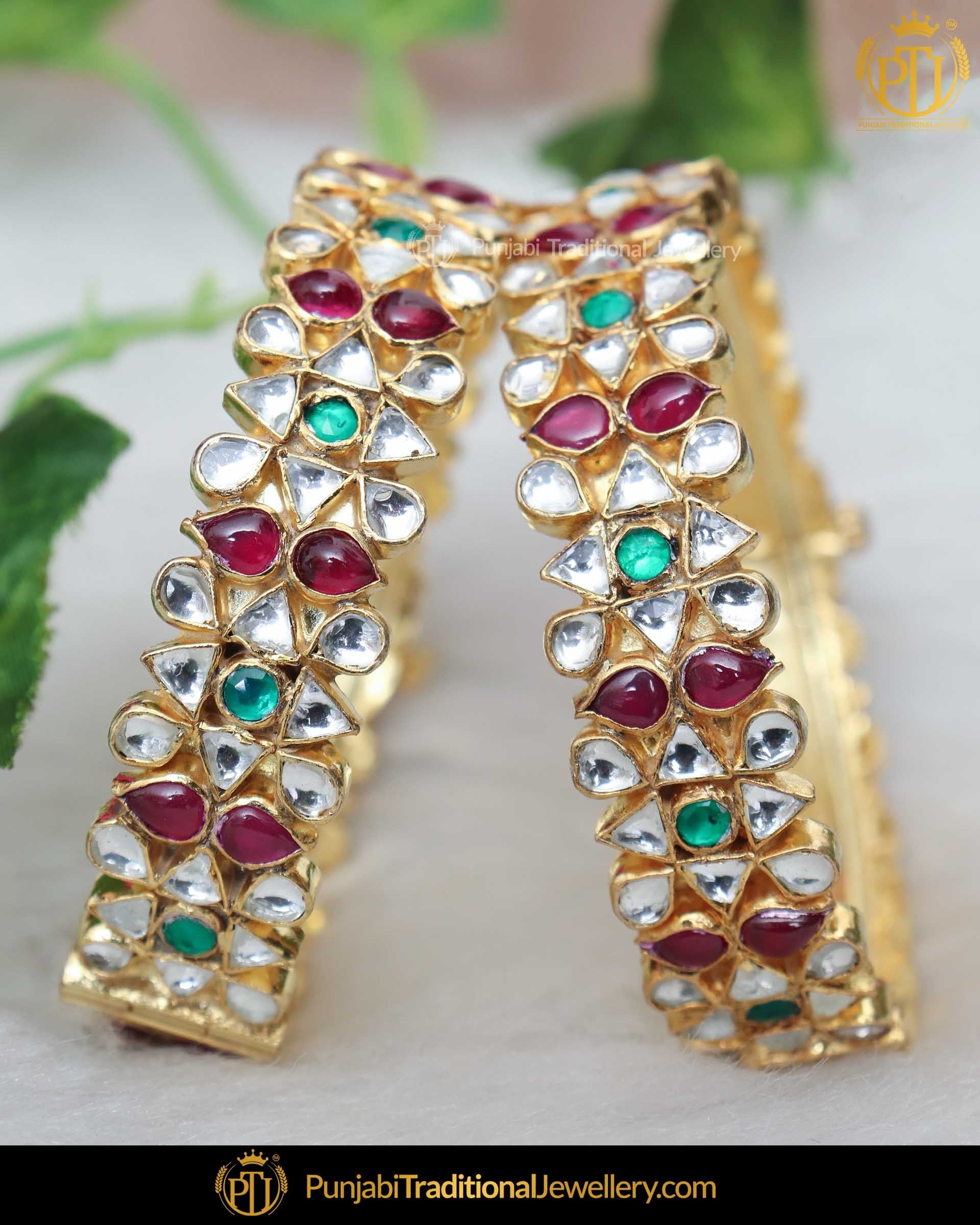 Gold Finished Rubby Emerald Kundan Openable Karra Bangles (Pair)| Punjabi Traditional Jewellery Exclusive