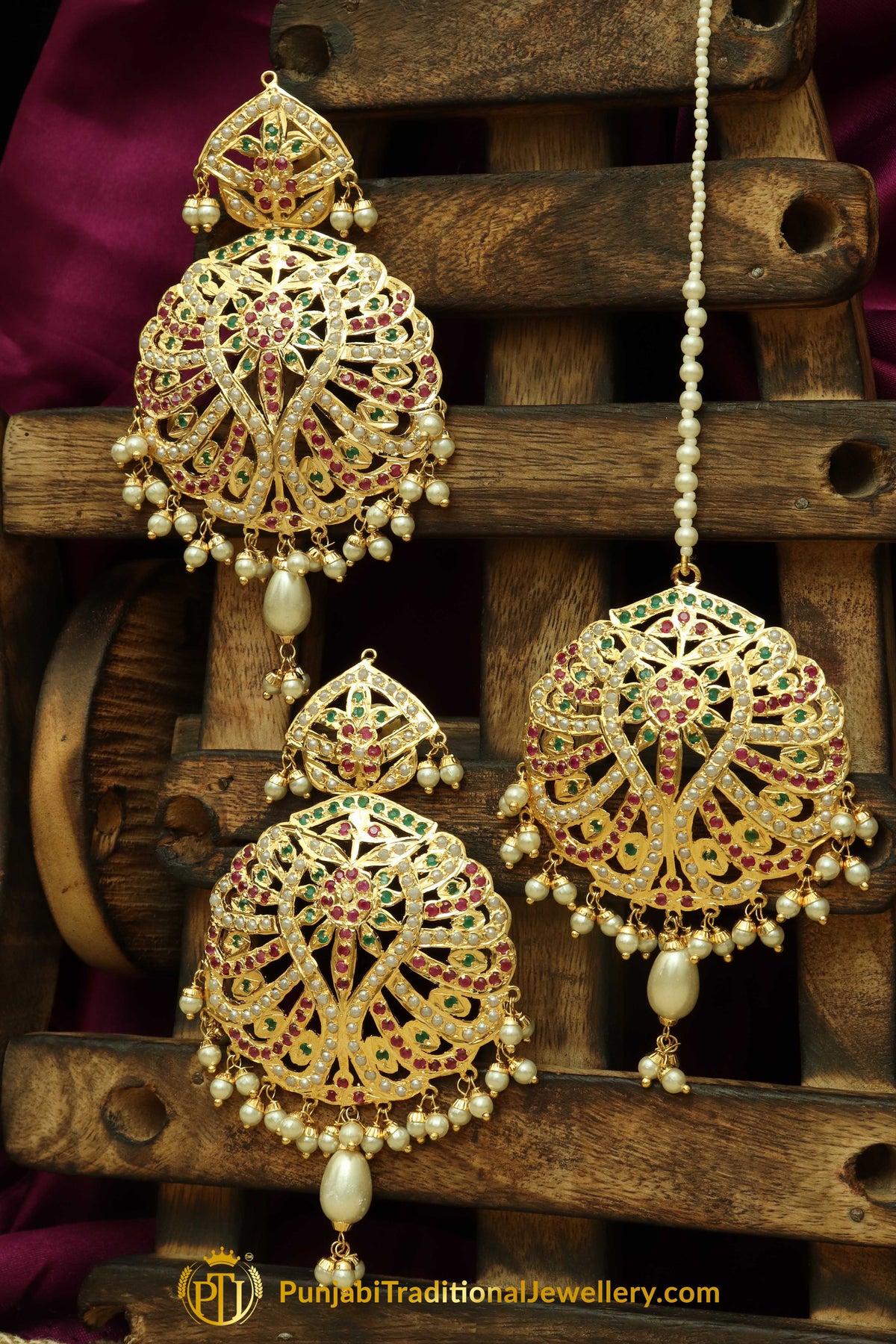 Multi Jadau Pearl Earring Tikka Set By Punjabi Traditional Jewellery