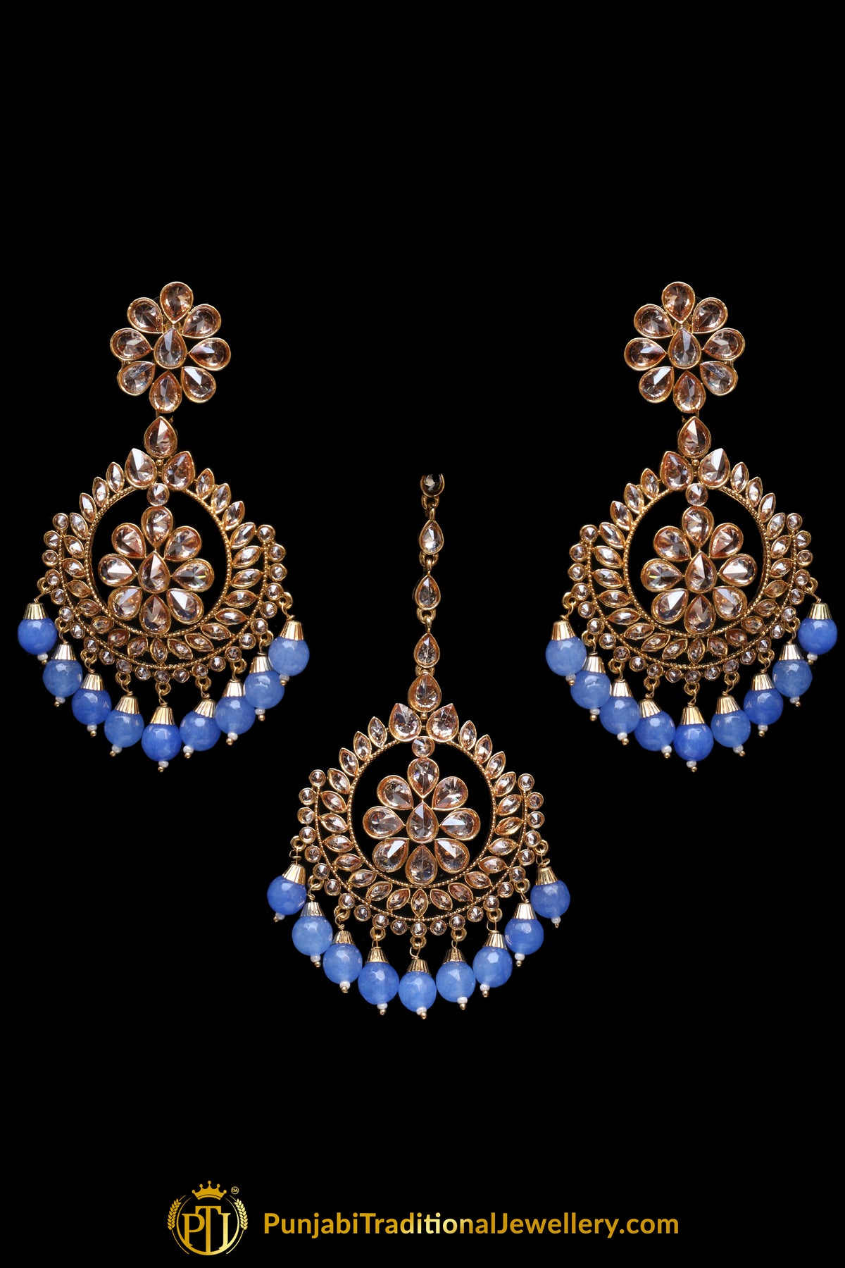 Firozi Champagne Stone Earring Tikka Set By Punjabi Traditional Jewellery