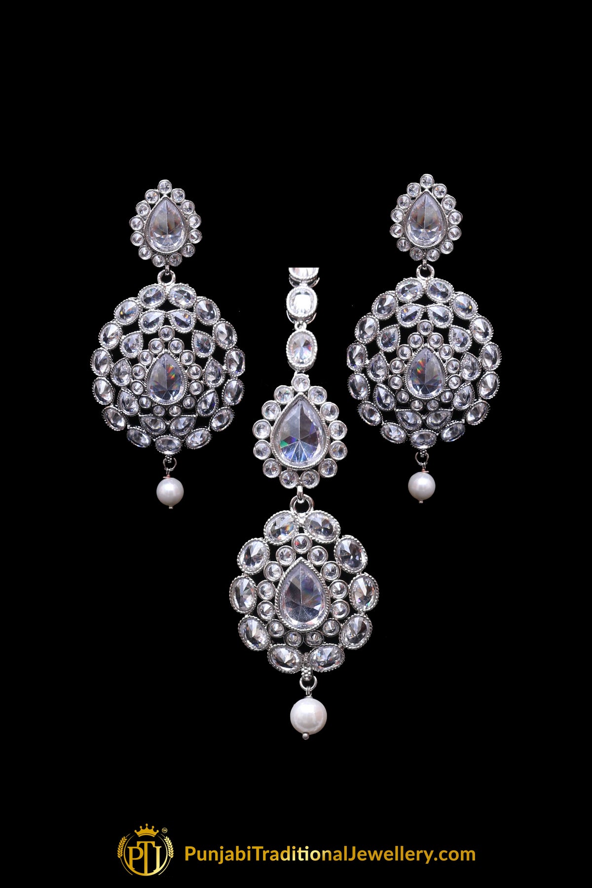 Silver Polki Pearl Necklace Set By Punjabi Traditional Jewellery