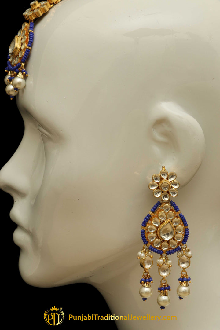 Blue Kundan Pearl Earring Tikka Set | Punjabi Traditional Jewellery Exclusive