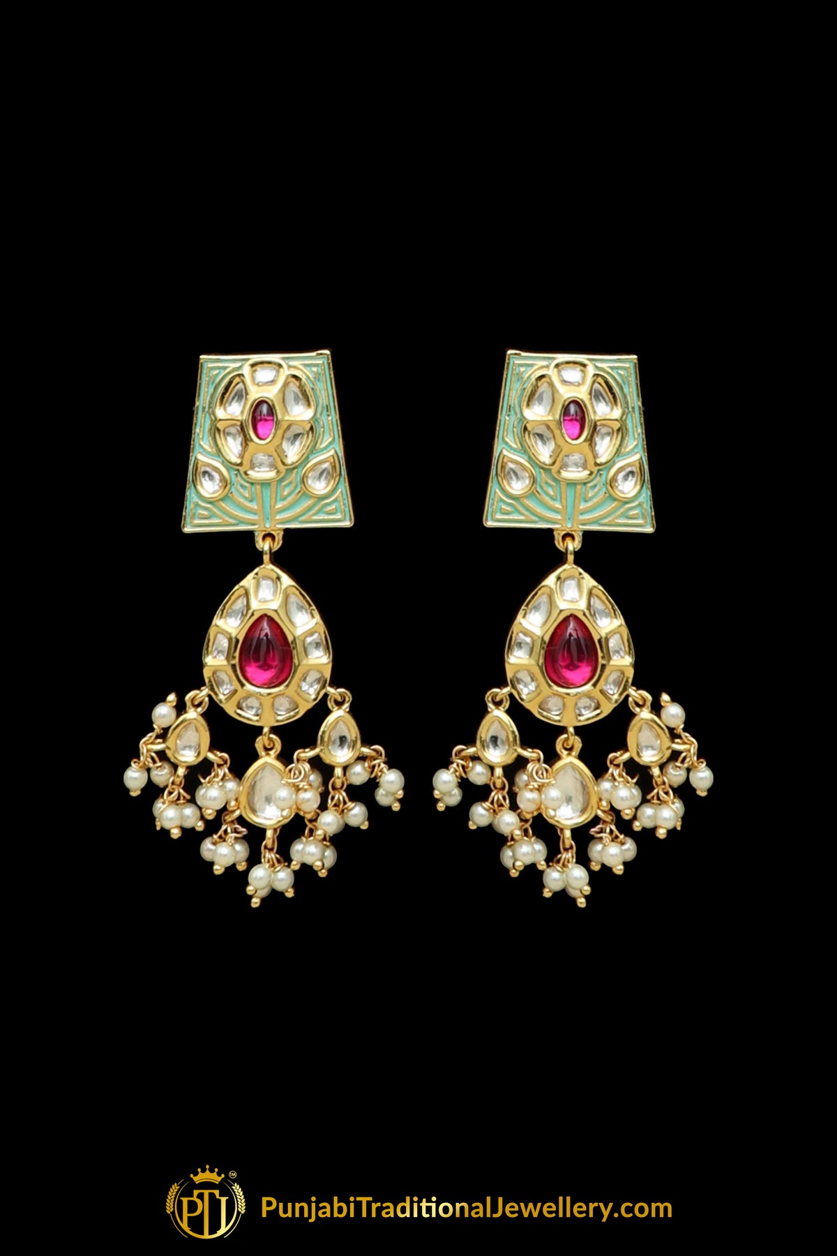 Green Red Kundan Necklace Set By Punjabi Taditional Jewellery