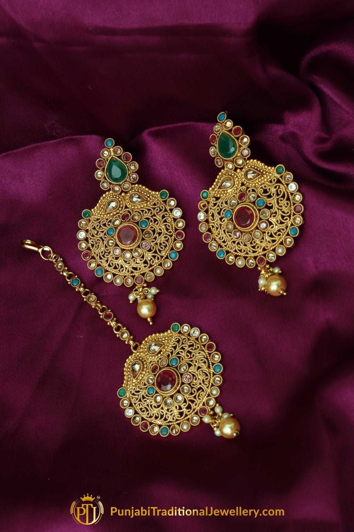 Multi Polki Earrings Tikka Set By Punjabi Traditional Jewellery