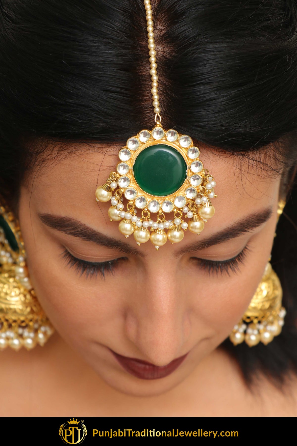 Ranjish Emerald Kundan Earring Tikka Set | Punjabi Traditional Jewellery Exclusive