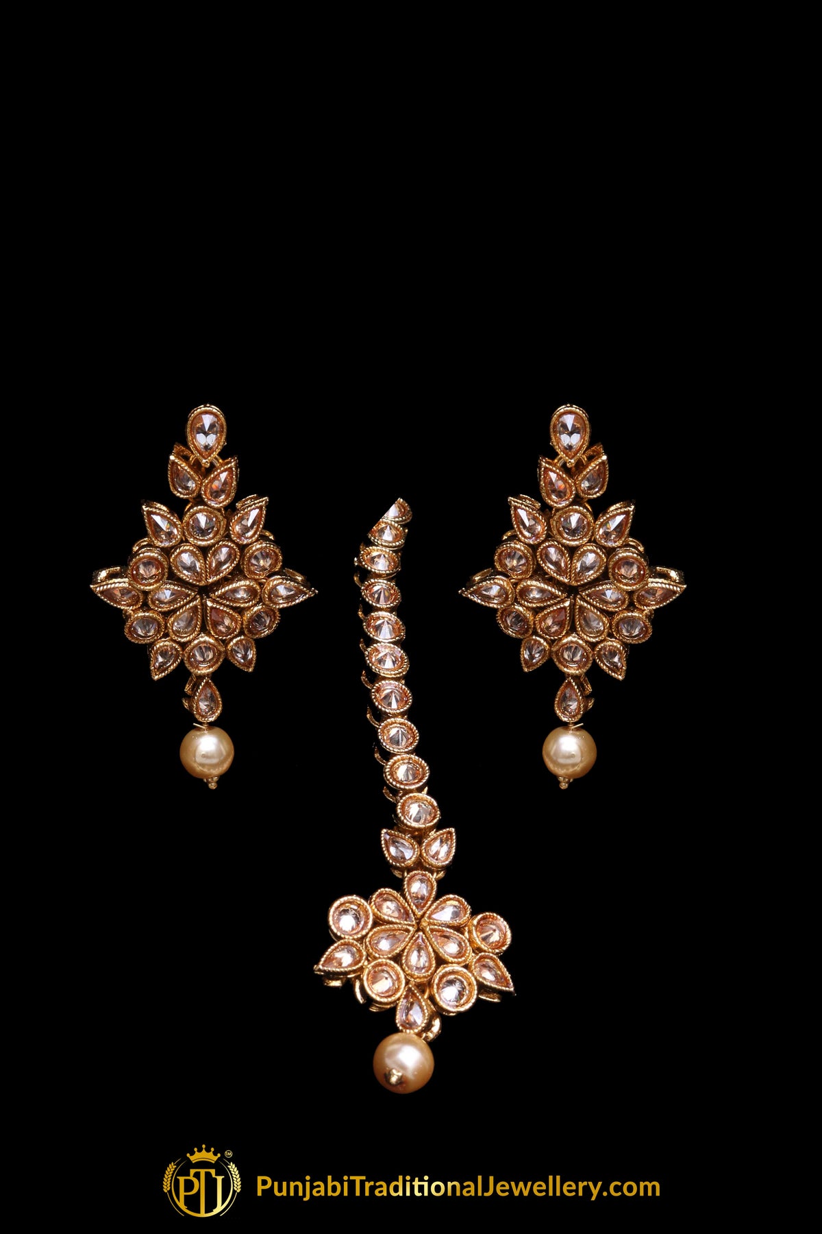 Pearl Champagne Stone Necklace Set By Punjabi Taditional Jewellery