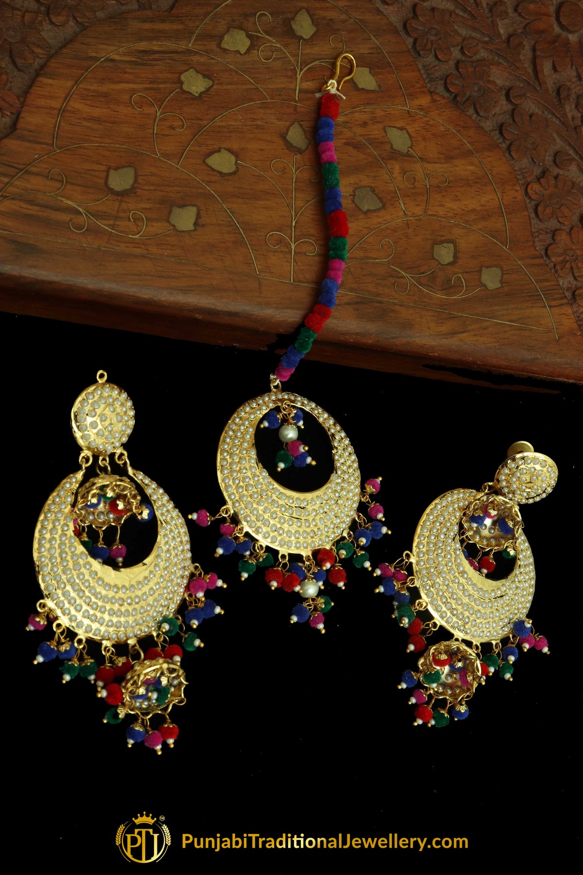 Multi Jadau Earring Tikka Set By Punjabi Traditional Jewellery