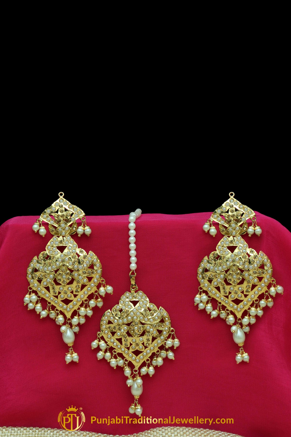 Golden Jadau Pearl Earring Tikka Set By Punjabi Traditional Jewellery