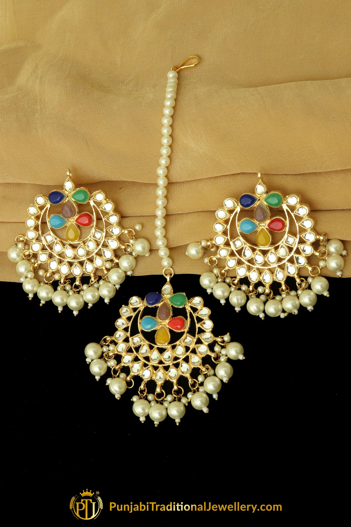 Multi Kundan Stud Earrings & Tikka Set By Punjabi Traditional Jewellery