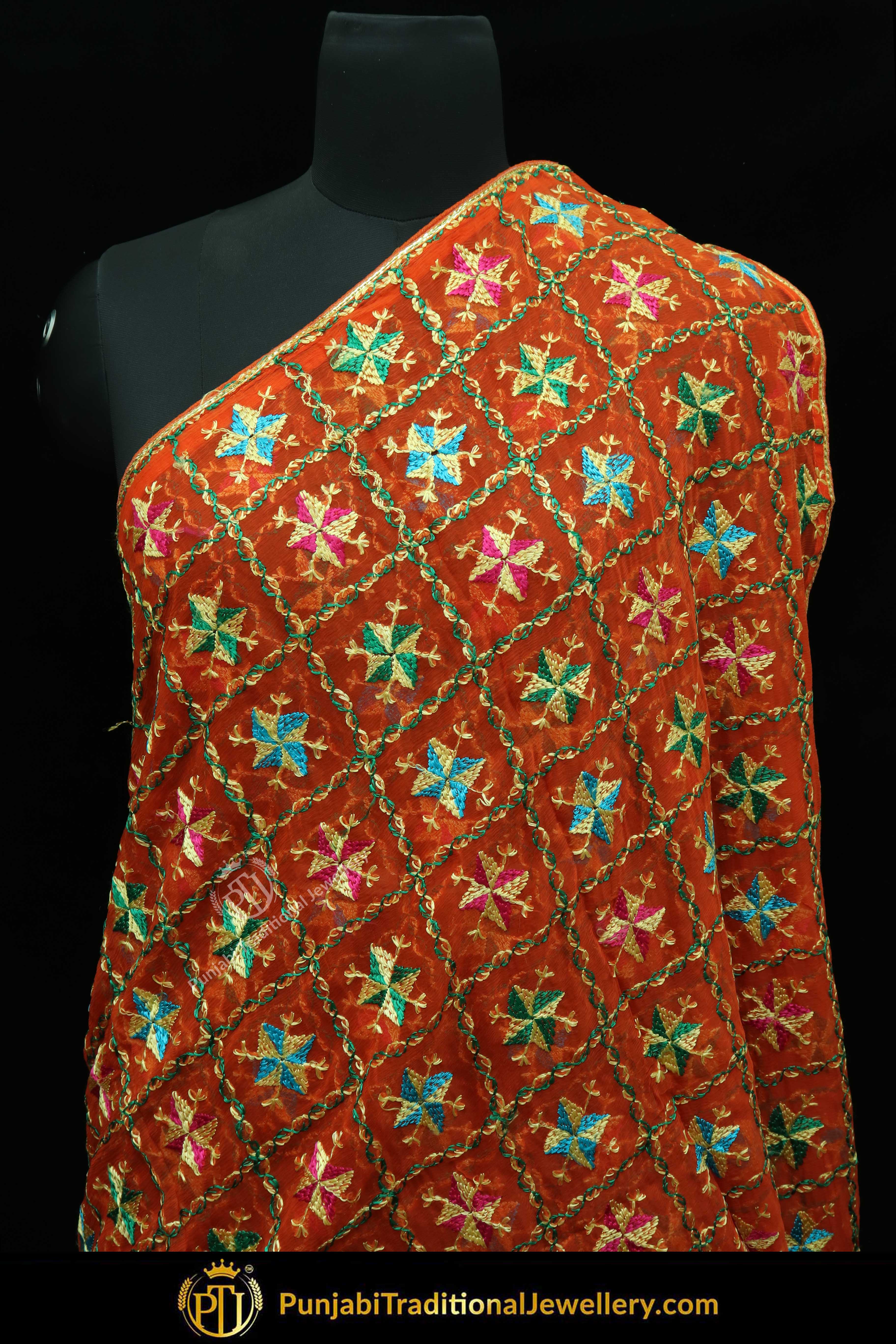 Orange Color & Multi Color Dupatta Pure Phulkari By Punjabi Traditional Jewellery