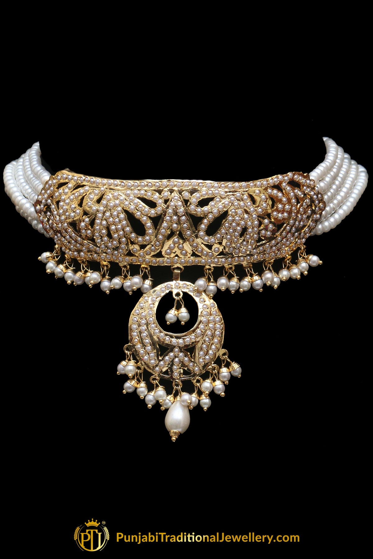 Jadau Golden Pearl Mala Necklace Set By Punjabi Traditional Jewellery