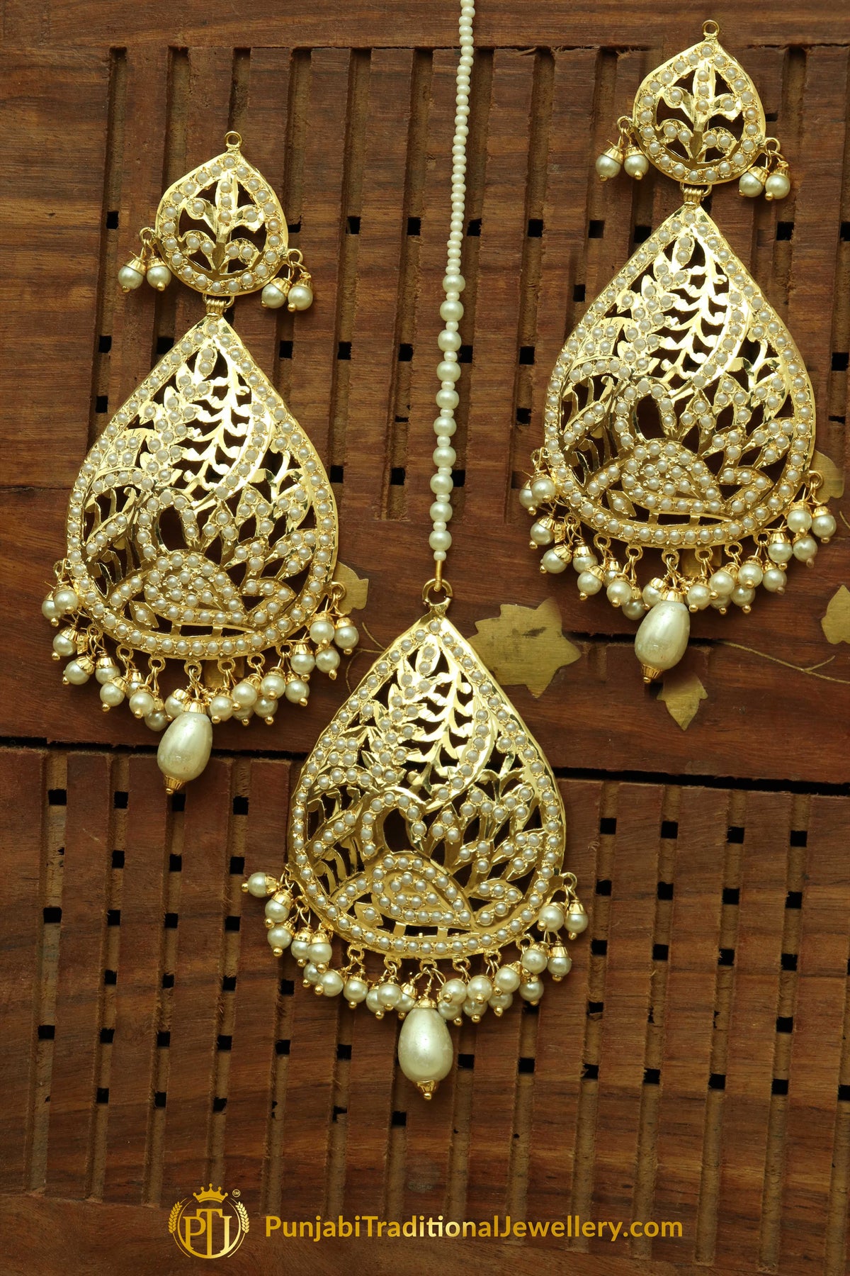 Golden Jadau Pearl Earring Tikka Set By Punjabi Traditional Jewellery