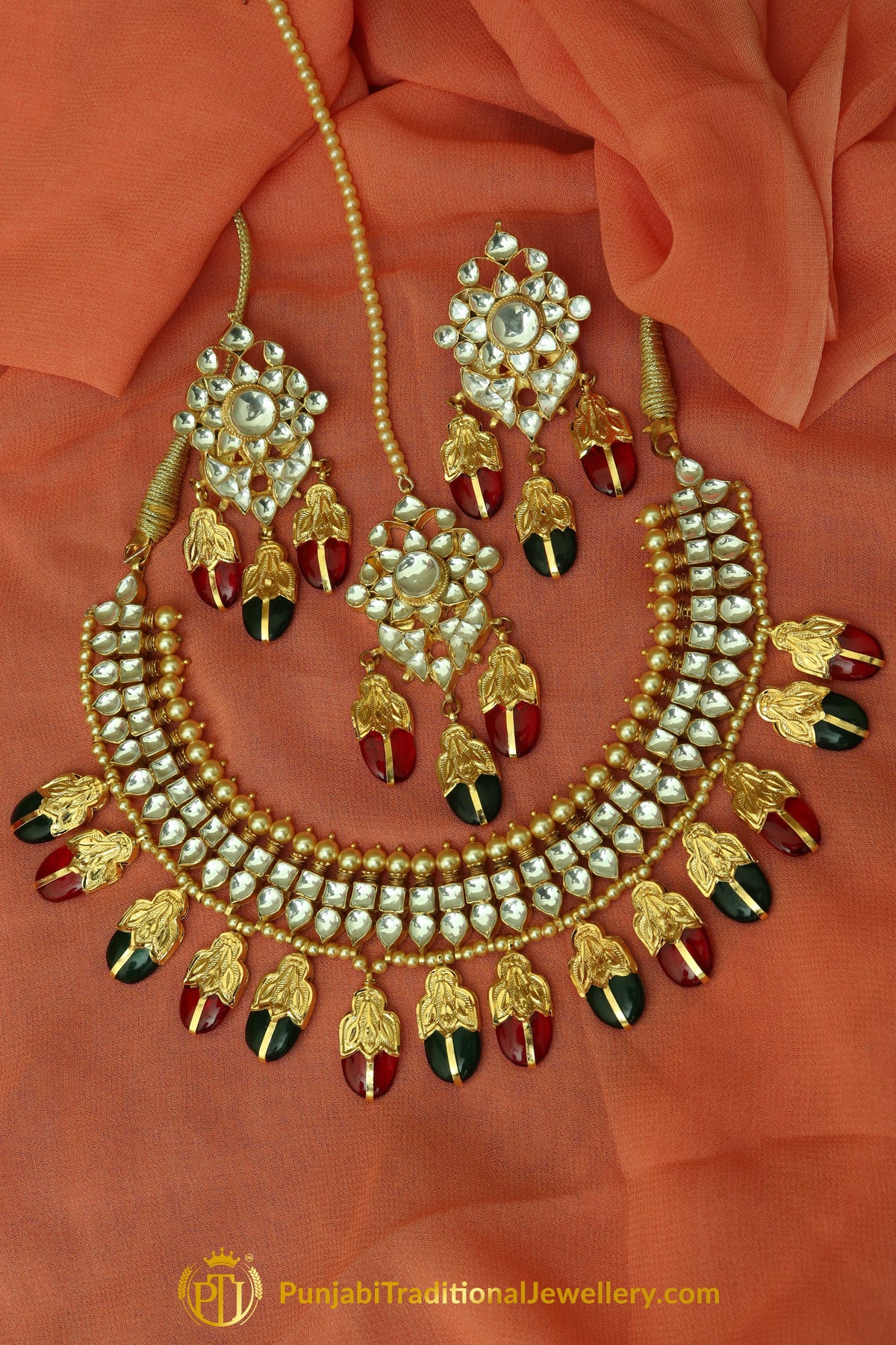 Iman Rubby Panna Kundan Necklace, Tikka & Earrings | Punjabi Giddha Jewellery | Punjabi Traditional Jewellery Exclusive
