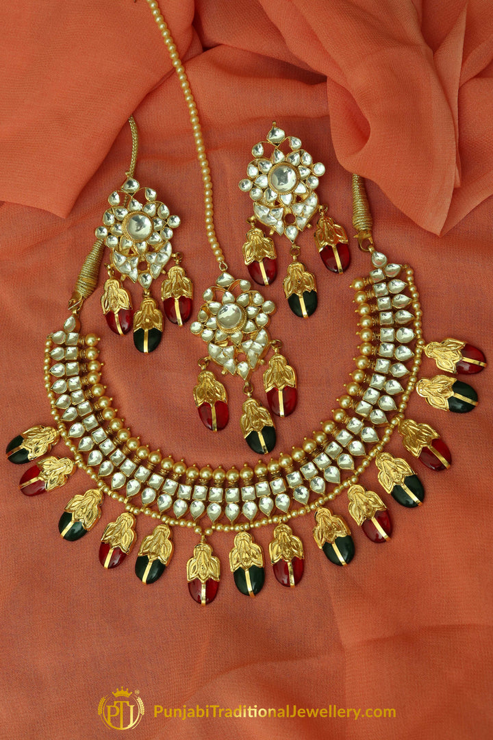 Iman Rubby Panna Kundan Necklace, Tikka & Earrings | Punjabi Giddha Jewellery | Punjabi Traditional Jewellery Exclusive
