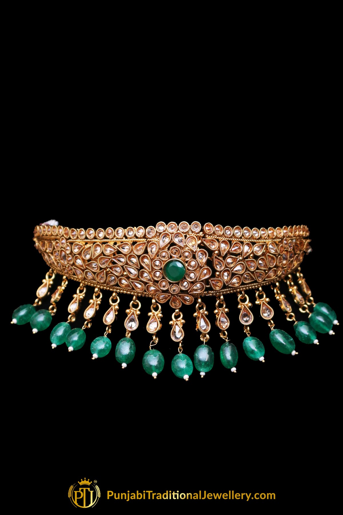 Green Polki Necklace Set By Punjabi Traditional Jewellery