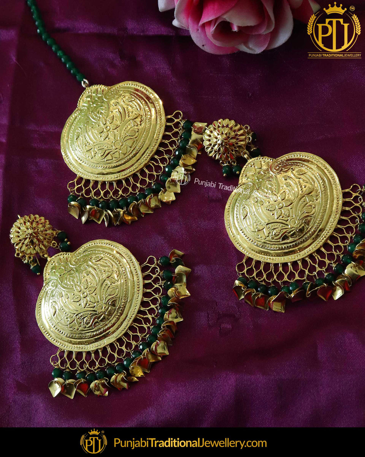 Gold Finished Emerald Pippal Patti Patra Earring Tikka Set | Punjabi Traditional Jewellery Exclusive