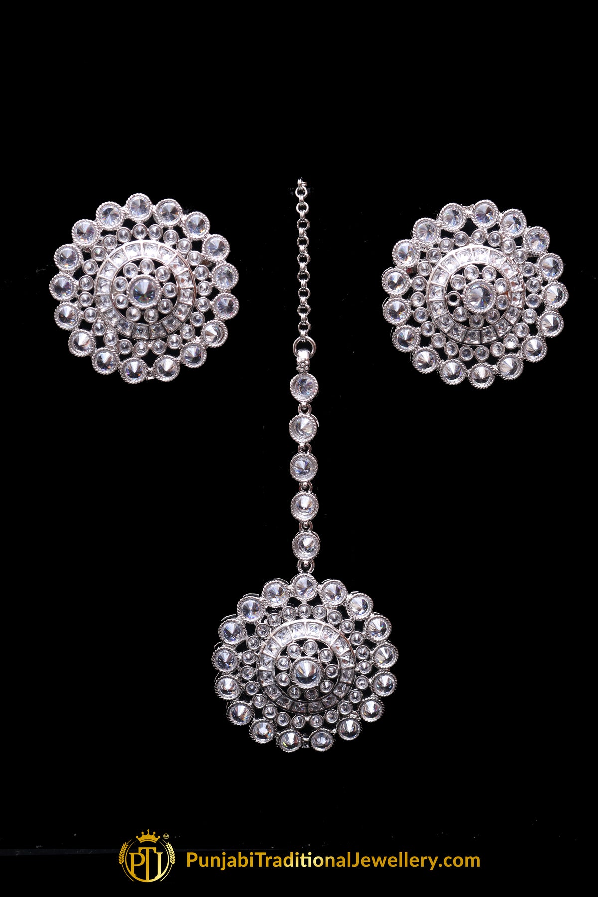 Silver Kundan Pearl Earring Tikka Set By Punjabi Traditional Jewellery