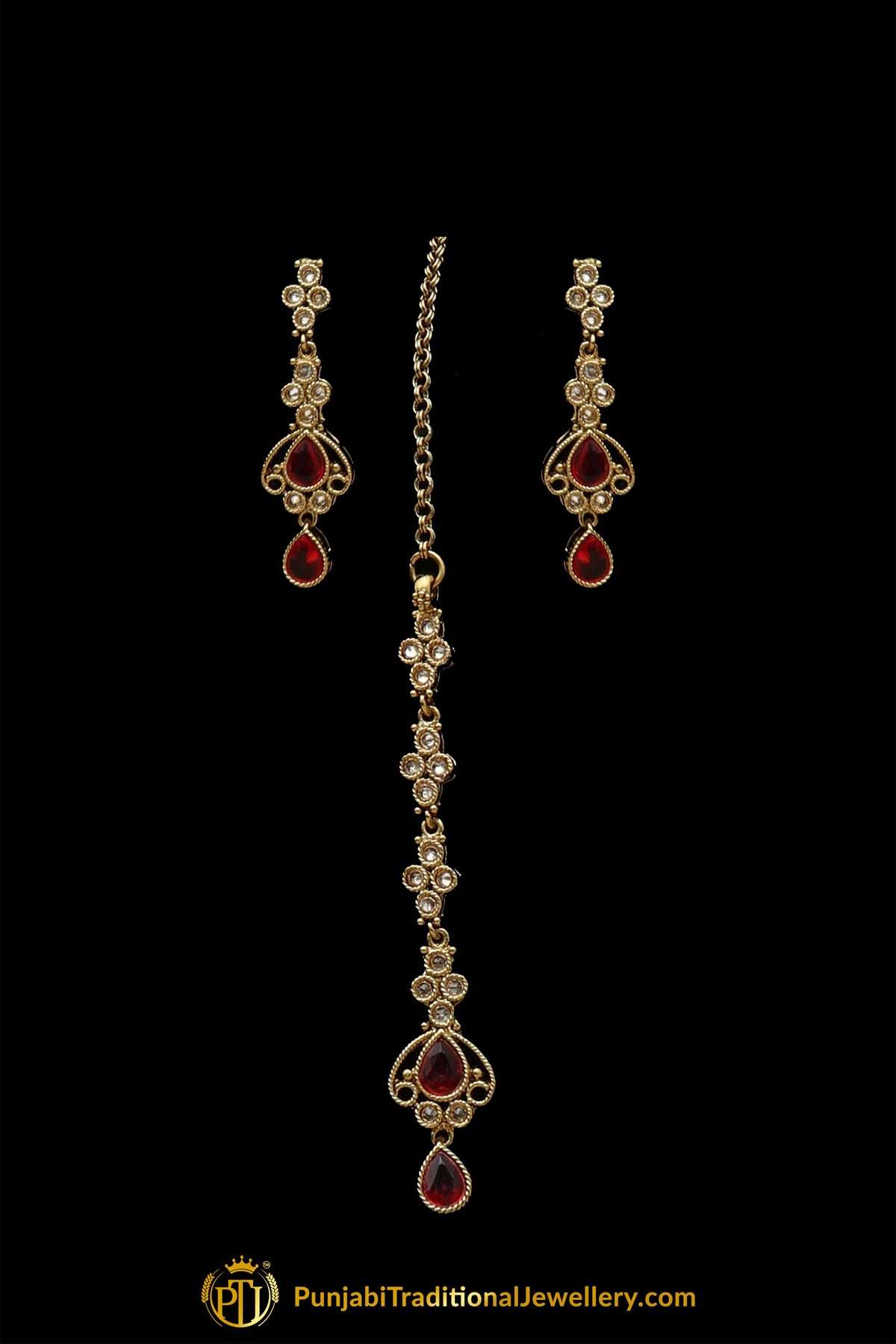 Red Champagne Stone Necklace Set By Punjabi Traditional Jewellery