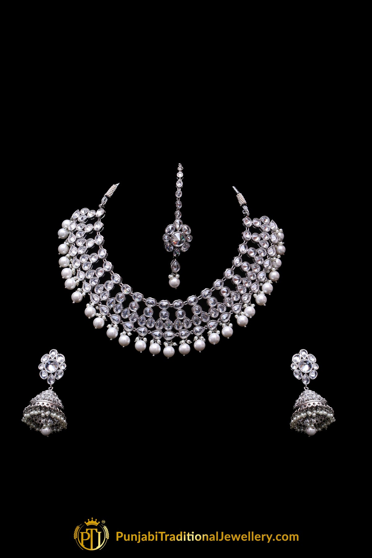 Silver Polki Pearl Necklace Set By Punjabi Traditional Jewellery