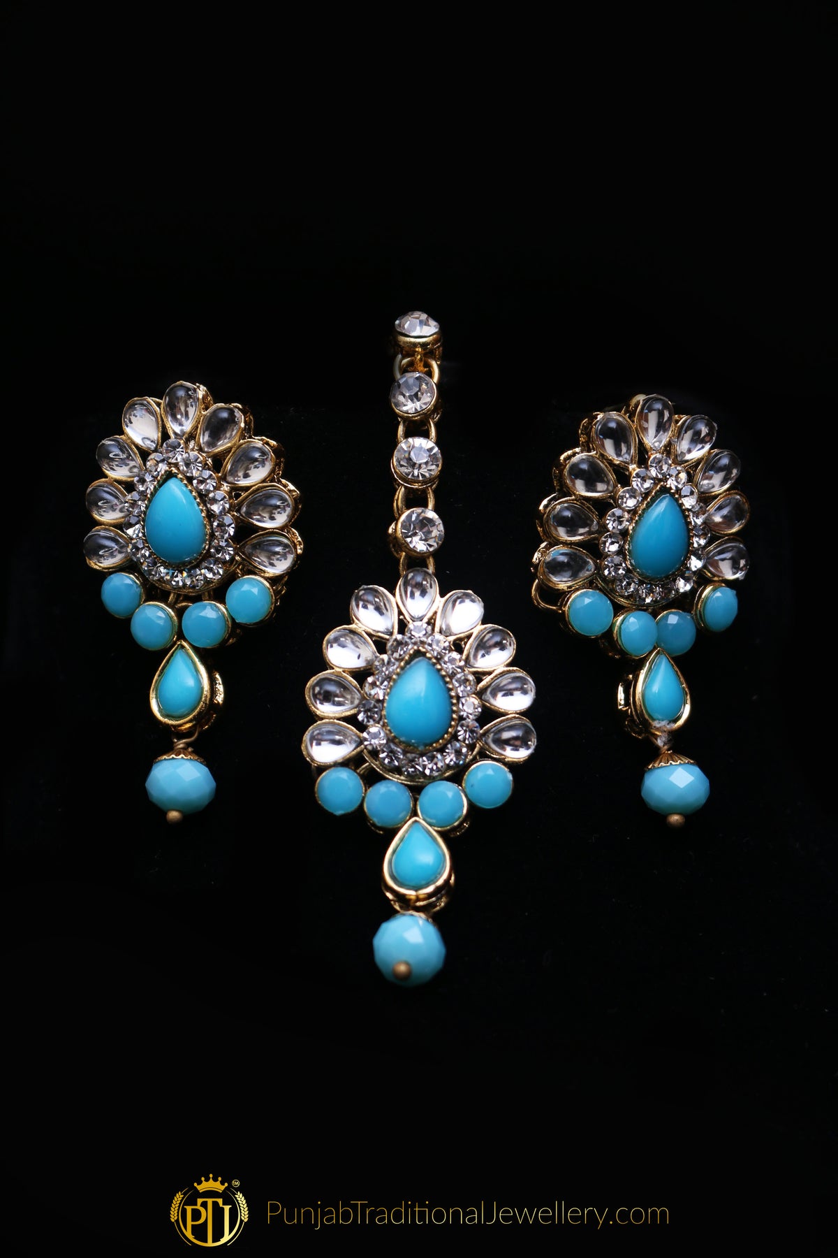White & Firozi Kundan Necklace Set By Punjabi Traditional Jewellery