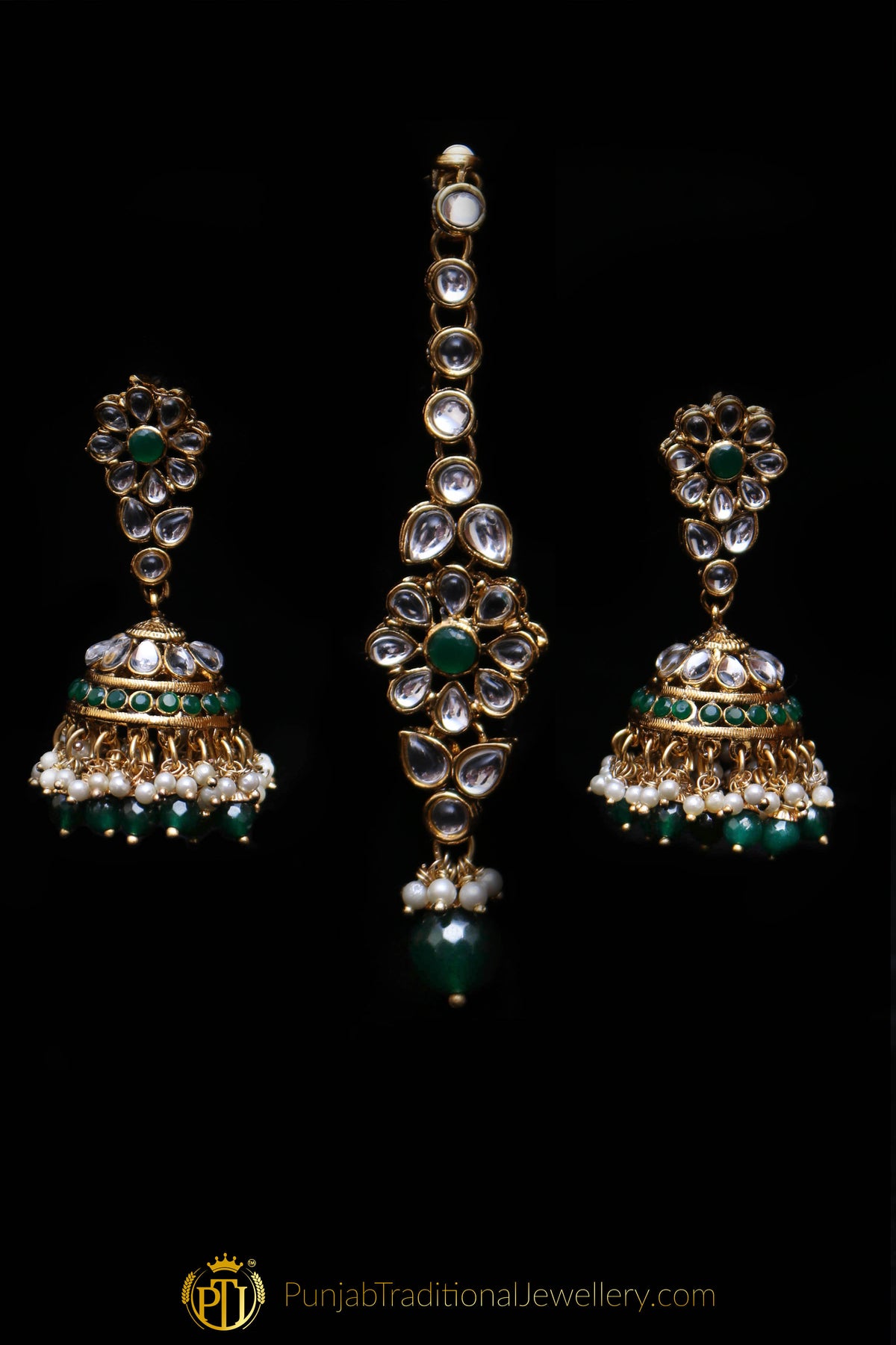 Green Kundan Necklace Set By Punjabi Traditional Jewellery