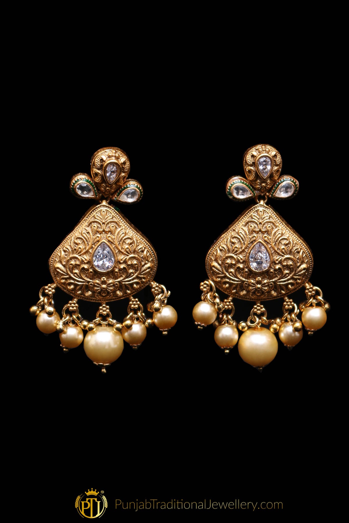 White Pearl Antique Gold Necklace Set By Punjabi Traditional Jewellery