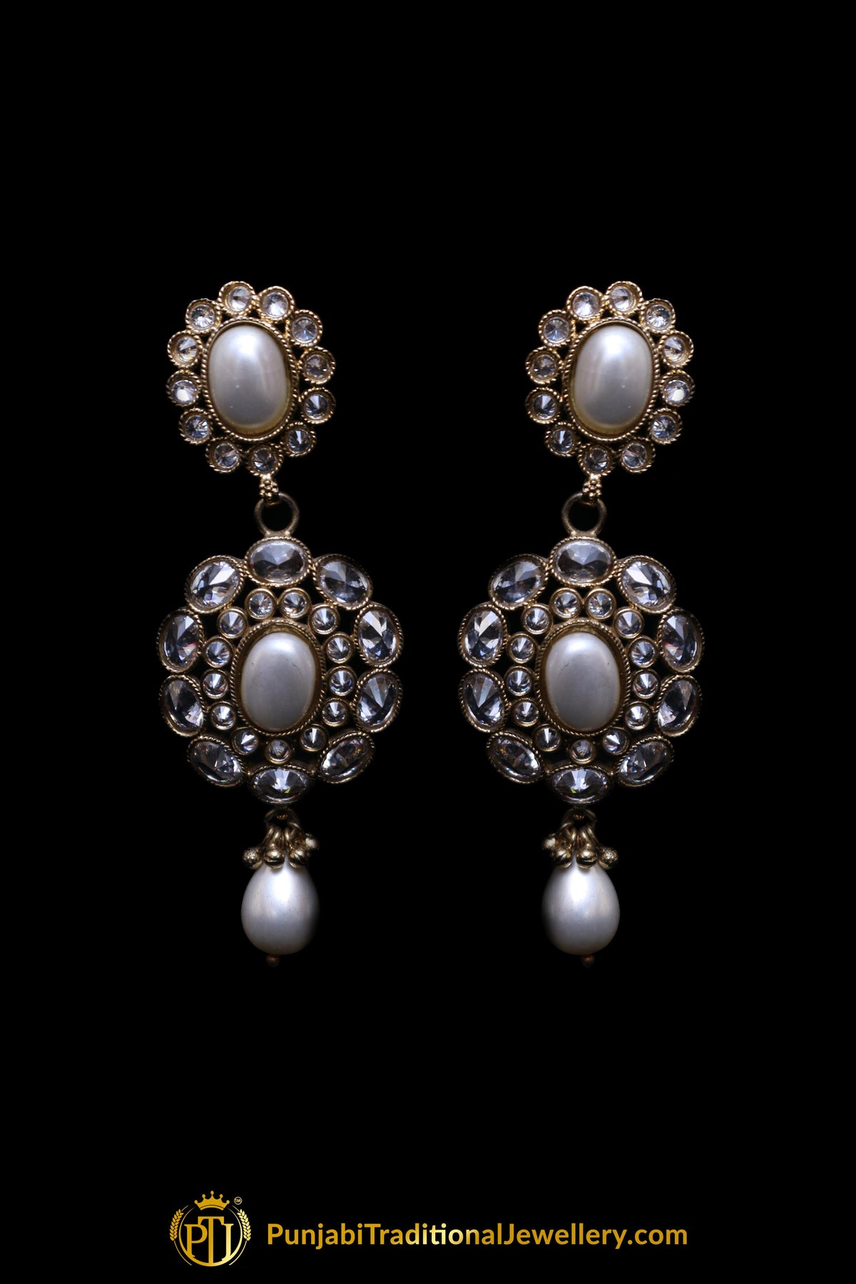 Golden White Pearl Kundan Necklace Set By Punjabi Traditional Jewellery