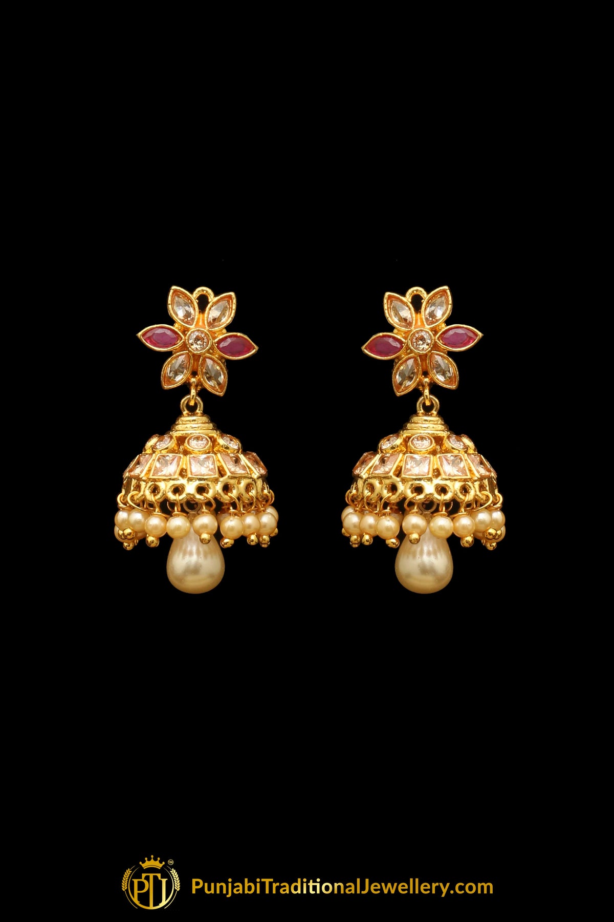 Red Champagne Stone Pearl Necklace Set By Punjabi Traditional Jewellery