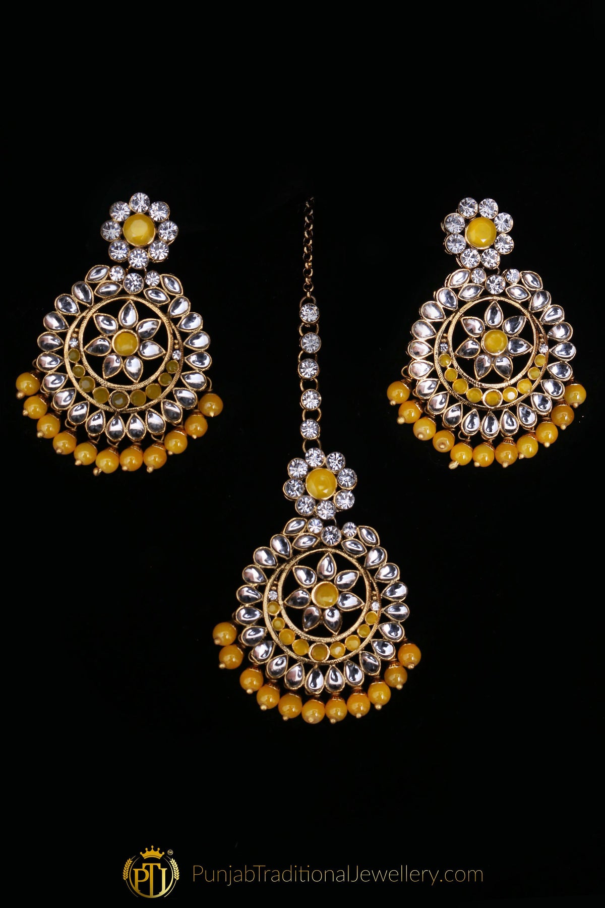 Yellow Kundan Necklace Set By Punjabi Traditional Jewellery