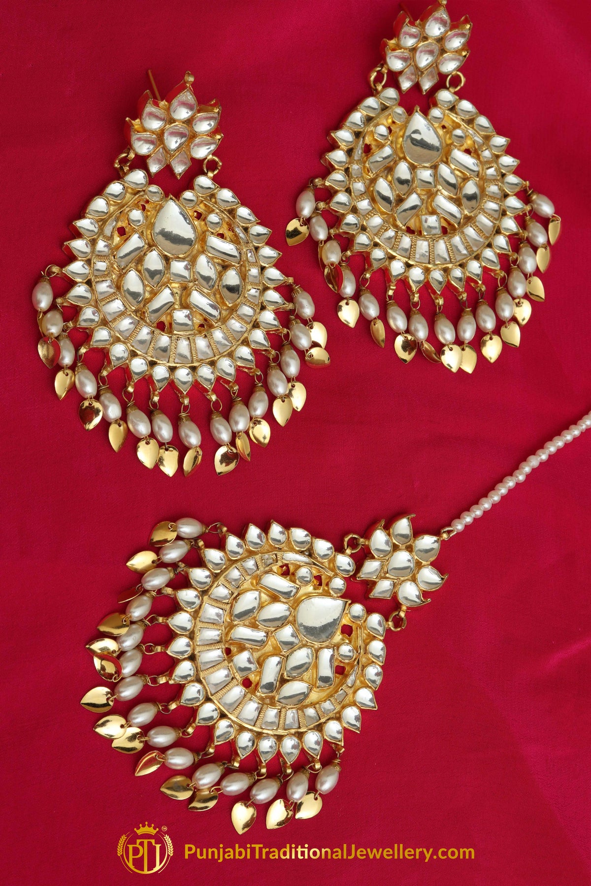 Anika Golden Kundan Pippal Patti Earring Tikka Set | Punjabi Traditional Jewellery Exclusive
