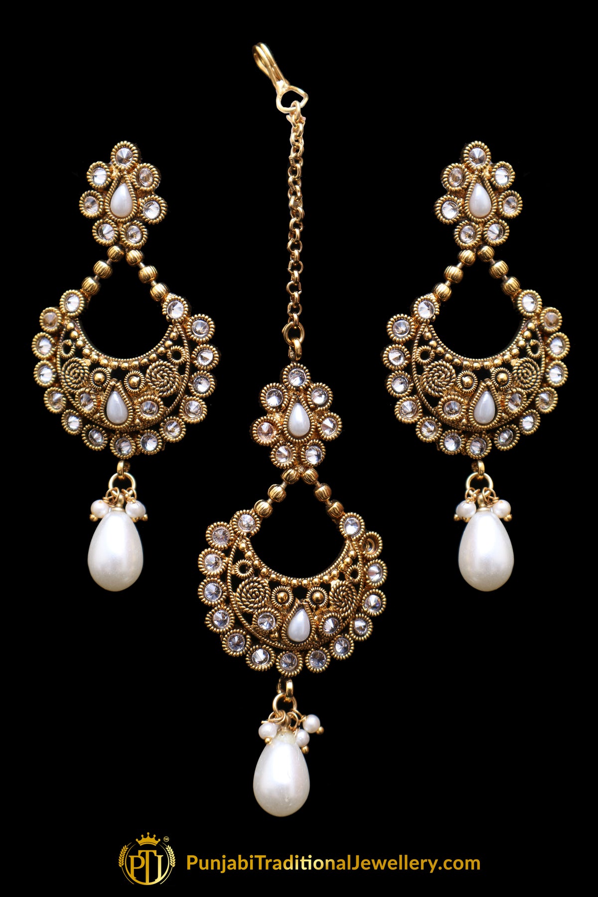 Polki Pearl Champagne Stone Earring Tikka Set By Punjabi Traditional Jewellery