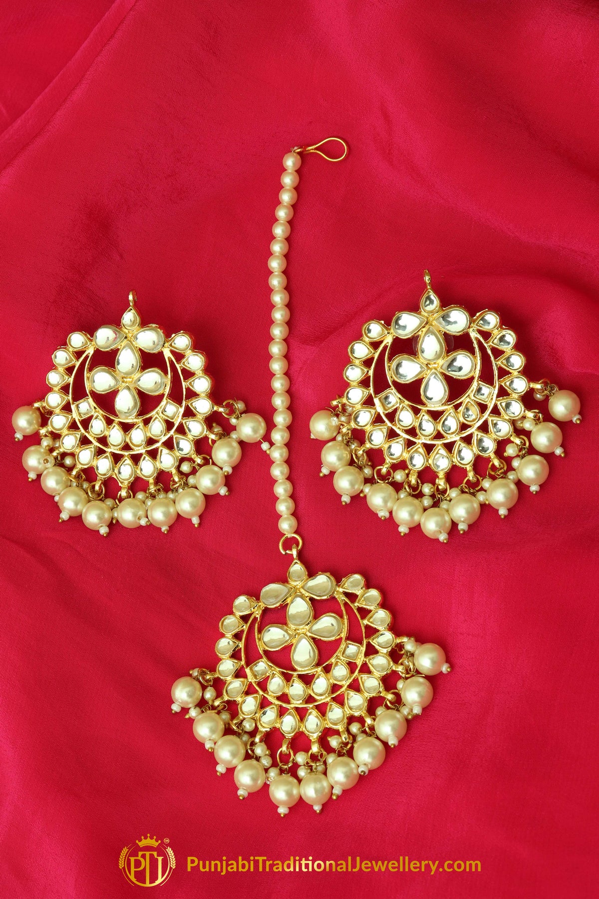 Golden Kundan Earring Tikka Set By Punjabi Traditional Jewellery