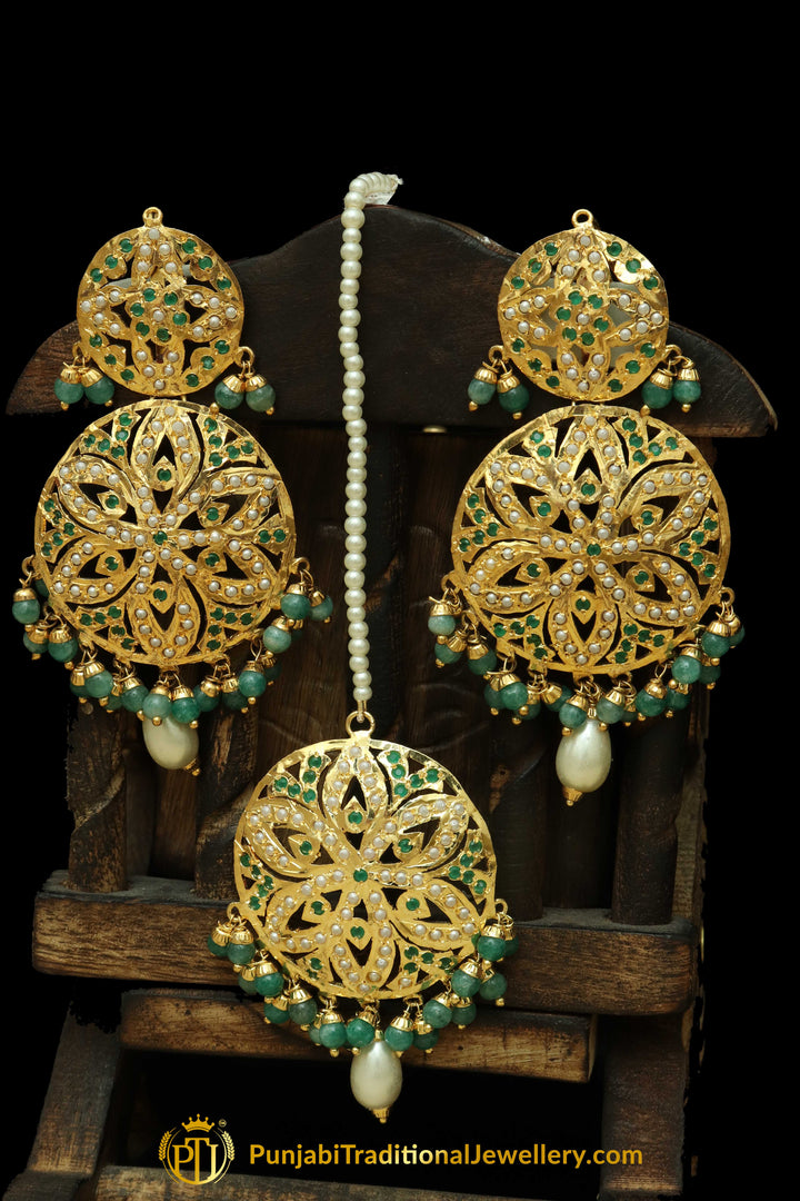 Green Jadau Pearl Earring Tikka Set By Punjabi Traditional Jewellery